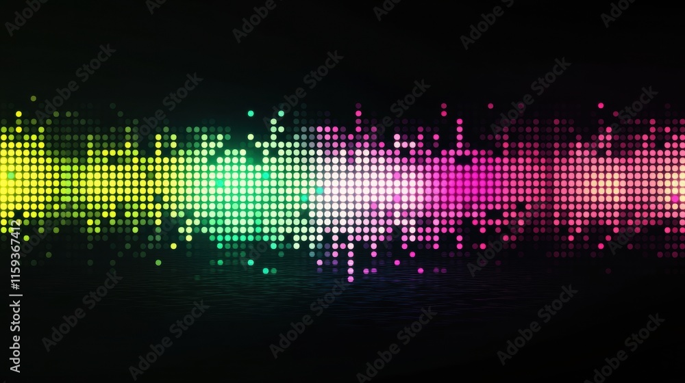 Poster vibrant abstract glowing mosaic with pixelated elements in a colorful spectrum illuminating a dark b