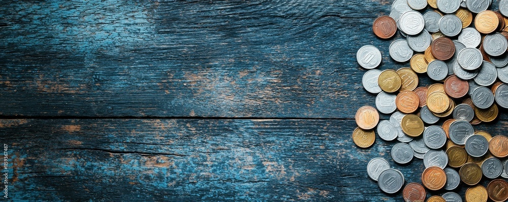 Poster assorted coins piled on rustic wooden table with blue textured surface and natural grain pattern