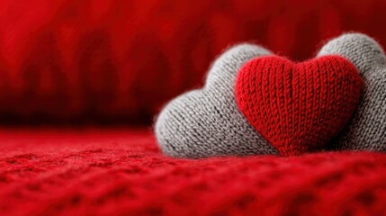 Fototapeta premium Cozy Knitted Hearts on Soft Red Background for Valentine's Day or Romantic Decor