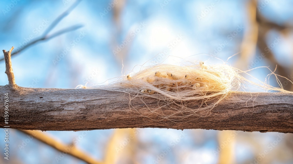 Poster delicate nature scene featuring a bird nest constructed with soft fibers resting on a branch against