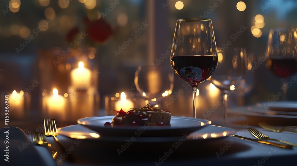 Poster luxurious dining experience with gourmet dish and fine wine at an elegant table setting. generative 