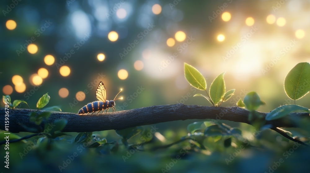 Aufkleber enchanting forest scene with glowing fireflies and a butterfly on a branch surrounded by lush green 