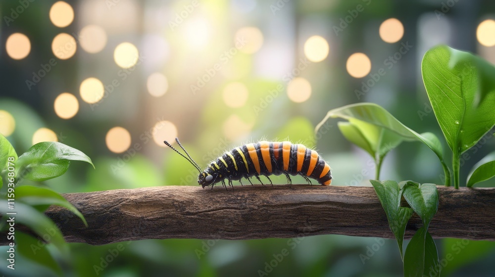 Poster a colorful caterpillar crawling on a branch surrounded by lush green leaves and soft bokeh backgroun