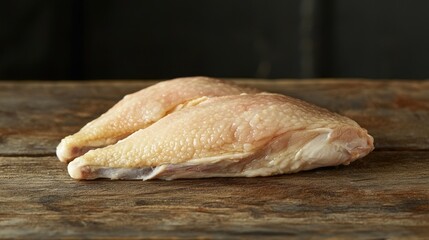 Raw chicken breast on rustic wooden board.