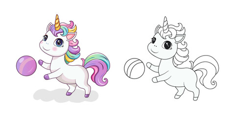 Obraz premium Coloring book for kids cute unicorn playing with a ball. A hand-drawn pony with a horn isolated on a white background. The magic horse.