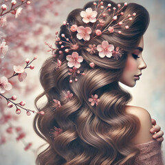 Beautiful woman with long wavy hairstyle and pink flowers posing in profile