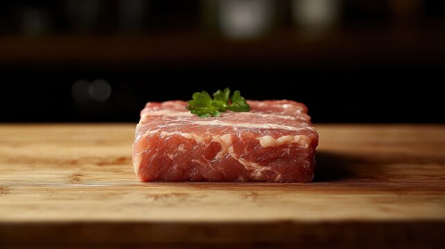 Raw meat on wooden board with parsley garnish.