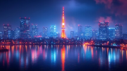 Obraz premium Night view of tokyo skyline with glowing reflections and illuminated tower lights image