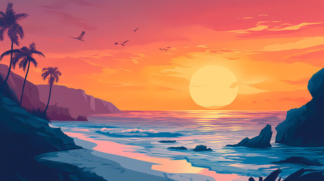 Tranquil beach sunset. Seabreeze. Illustration