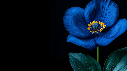 A vibrant blue flower with delicate petals and striking yellow stamens against a dark background.
