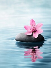 Pink Blossom on Smooth Stone in Water - Serenity, peace, reflection, tranquility, and balance are symbolized in this image of a delicate pink blossom atop a smooth stone floating gently on calm water.