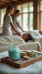 A tranquil spa environment showcases two therapists providing relaxing massages to clients, surrounded by calming candles and aromatic salt. The image evokes a sense of peace and rejuvenation