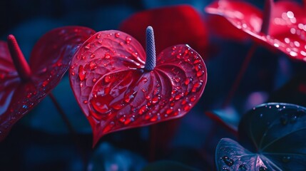 Bright red anthurium flower with glossy petals and tiny water drops, tropical jungle aesthetic generative ai