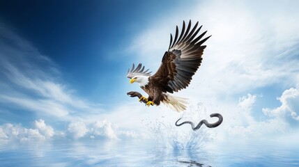 Obraz premium Majestic Eagle Soaring Above Water with Intense Focus on Prey, Capturing the Natural Majesty and Power of Wildlife in a Stunning Seascape Background