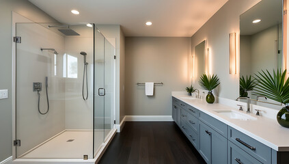 A sleek, modern, spacious bathroom with a large glass shower enclosure, white vanity with a marble countertop, and recessed lighting, Contemporary bathroom, created with generative ai