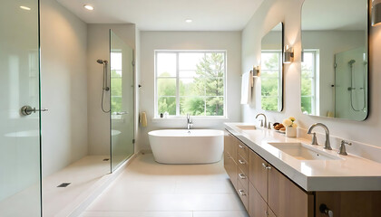 A sleek, modern, spacious bathroom with a large glass shower enclosure, white vanity with a marble countertop, and recessed lighting, Contemporary bathroom, created with generative ai
