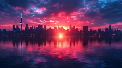 Sunset casts glowing reflections of the urban skyline on calm serene waters photo