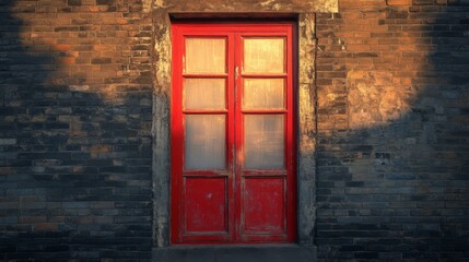 Red Wooden Door In Old Brick Wall At Sunset