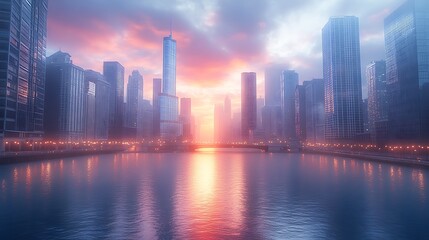 Fototapeta premium Sunset paints the urban skyline vivid reflected beautiful on calm waters wallpaper image