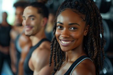 Fototapeta premium A group of happy individuals smiling during a fitness class, showcasing joy and community in a lively atmosphere.
