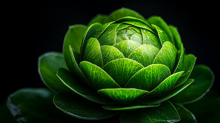 Obraz premium A close-up view of a vibrant green lotus flower with intricate petals, set against a dark background, showcasing its natural beauty and detail.