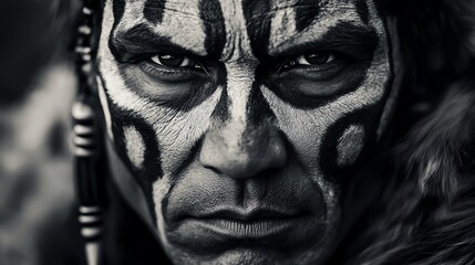 Close-up of person with intricate tribal face paint and intense look.