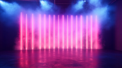 A free stage with neon light beams, spot lights and smoke. For stage performance.