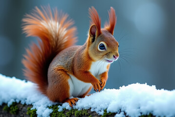 A cheerful red squirrel in winter