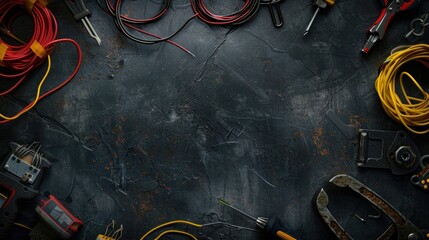 Top view of various electrical tools and wires on dark textured surface.