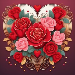 Design a bouquet of roses or flowers intertwined with heart shapes, creating a romantic, artistic composition. Use deep reds, pinks, and gold accents.