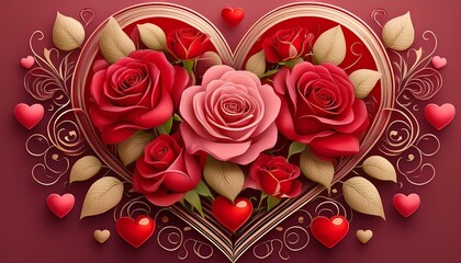 Design a bouquet of roses or flowers intertwined with heart shapes, creating a romantic, artistic composition. Use deep reds, pinks, and gold accents.