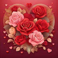 Design a bouquet of roses or flowers intertwined with heart shapes, creating a romantic, artistic composition. Use deep reds, pinks, and gold accents.