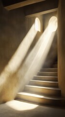 Sunlight streaming arched windows illuminating staircase