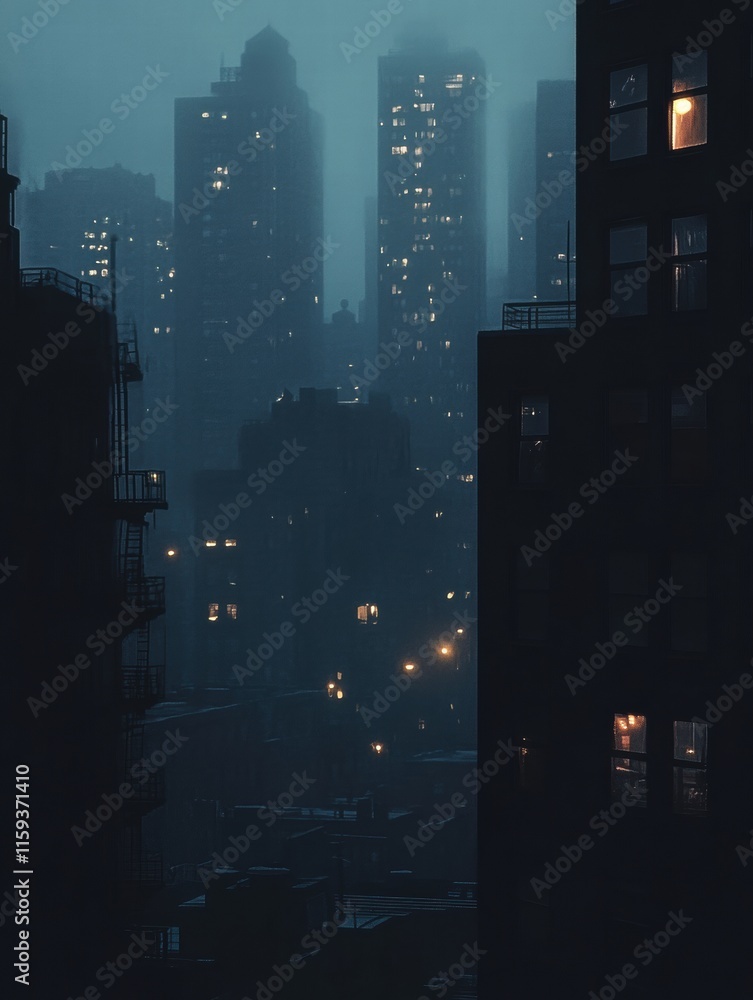 Poster mysterious cityscape at night with dimly lit windows creating an eerie atmosphere. generative ai