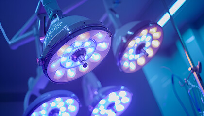 equipment and medical devices in modern operating room take with art lighting and blue filter