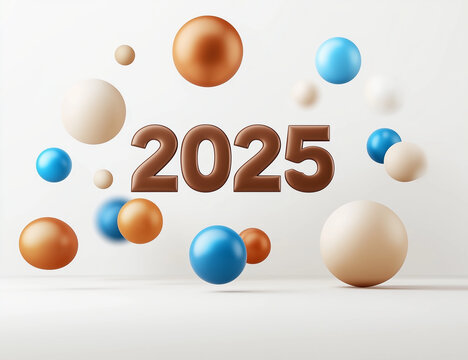 Chiffre "2025" en brun au centre de bulles color&eacute;es beige, bleu ciel et cuivre sur fond blanc avec espace n&eacute;gatif copyspace, couleurs compl&eacute;mentaires pour &eacute;v&eacute;nements de l&rsquo;ann&eacute;e 2025
