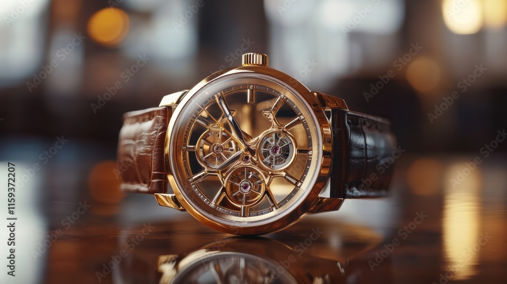 Poster luxury wristwatch with golden frame on a polished surface reflecting the warm ambiance of a high end