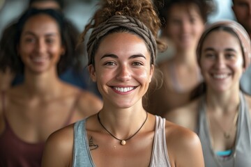 A joyful woman smiles at the camera during a group yoga session, embodying positivity and tranquility.