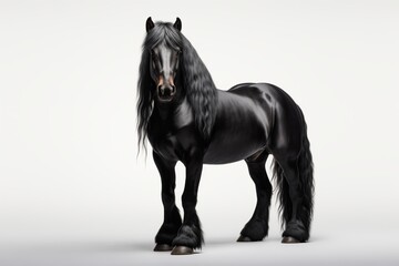 A majestic black horse with a flowing mane stands proudly against a clean white background, exuding elegance and strength.