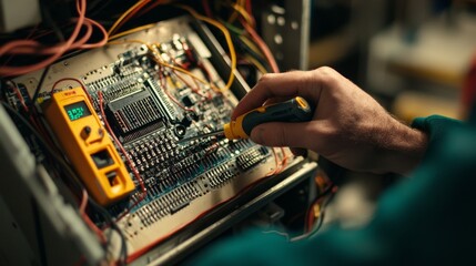 Close-up view of a technician working on a complex electronic circuit board. Expertly repairing and maintaining a delicate piece of technology.