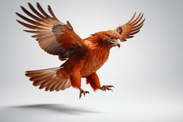 Obraz premium A majestic orange bird in mid-flight, showcasing its powerful wings and striking colors against a neutral background.