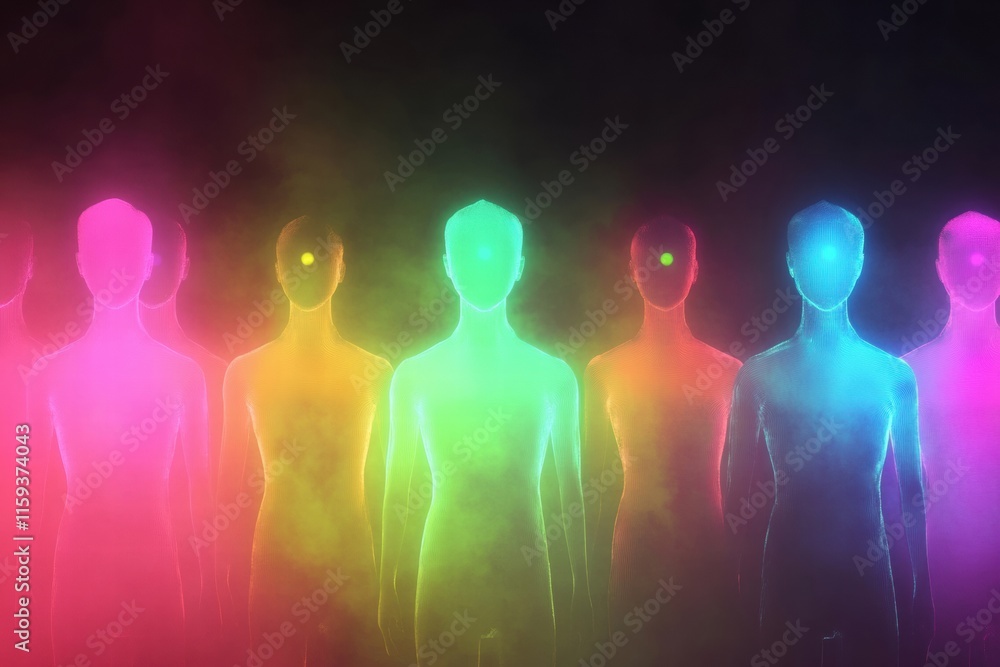Fototapete abstract faceless avatars illuminated in vibrant colors with ample space for text placement and crea