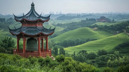 Fototapeta premium Scenic Chinese Pagoda Bell Tower Overlooking Verdant Hills