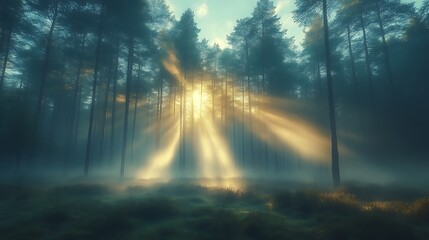 Fototapeta premium Sun rays piercing through misty forest.