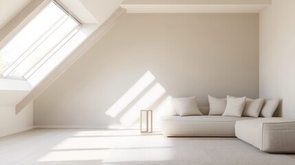 Modern minimalist attic conversion with clean, stylish design. Featuring neutral tones and sleek furniture
