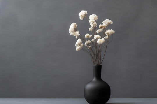 Flores secas blancas decorativas en un jarr&oacute;n negro sobre fondo gris