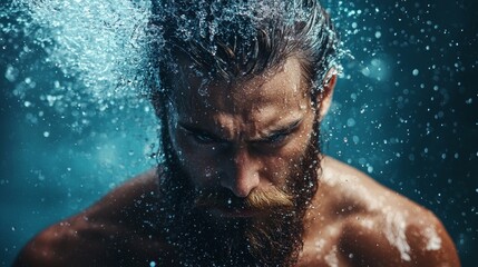 Man under water shower with intense expression