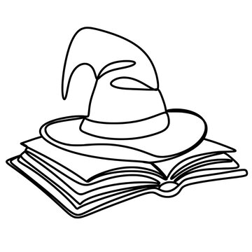 recommend clip art: Witch’s hat placed on an open book one line art drawing