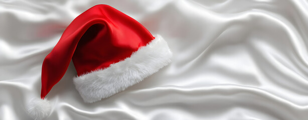 Classic Red Santa Hat on Silky White Fabric Background. AI generative.