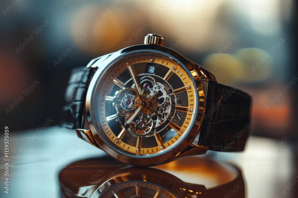Poster Luxury wristwatch with golden frame showcasing intricate design details and elegant craftsmanship in a sophisticated setting. Generative AI